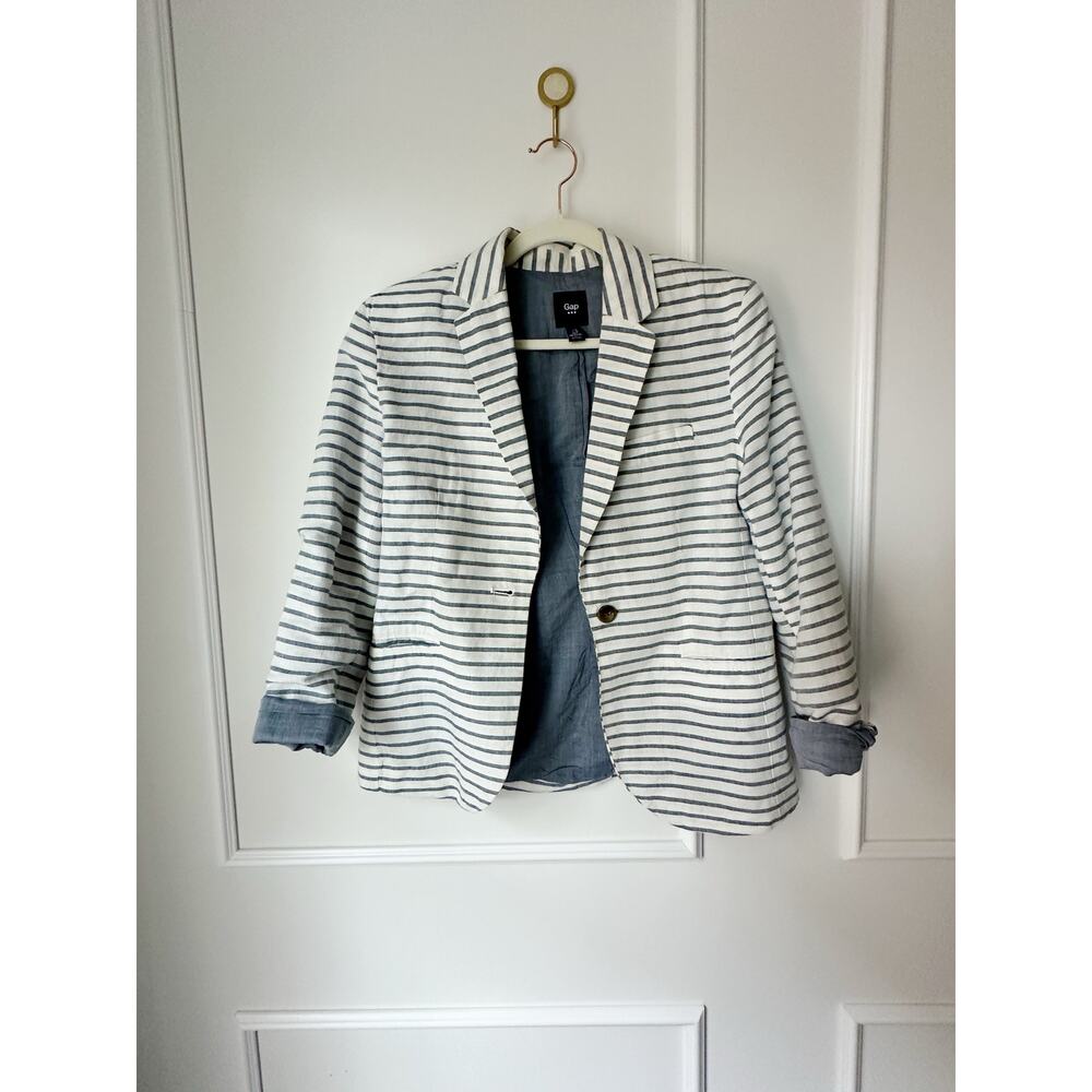 Gap Cotton White and Blue Striped Blazer Cotton Linen Blend Size 6